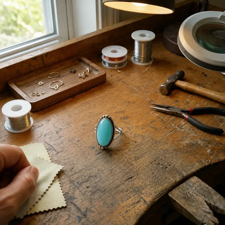 Anillo con Turquesa y Banda Trenzada