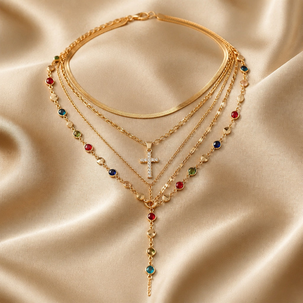 Conjunto Collar Piedras de Colores Oro Blanco
