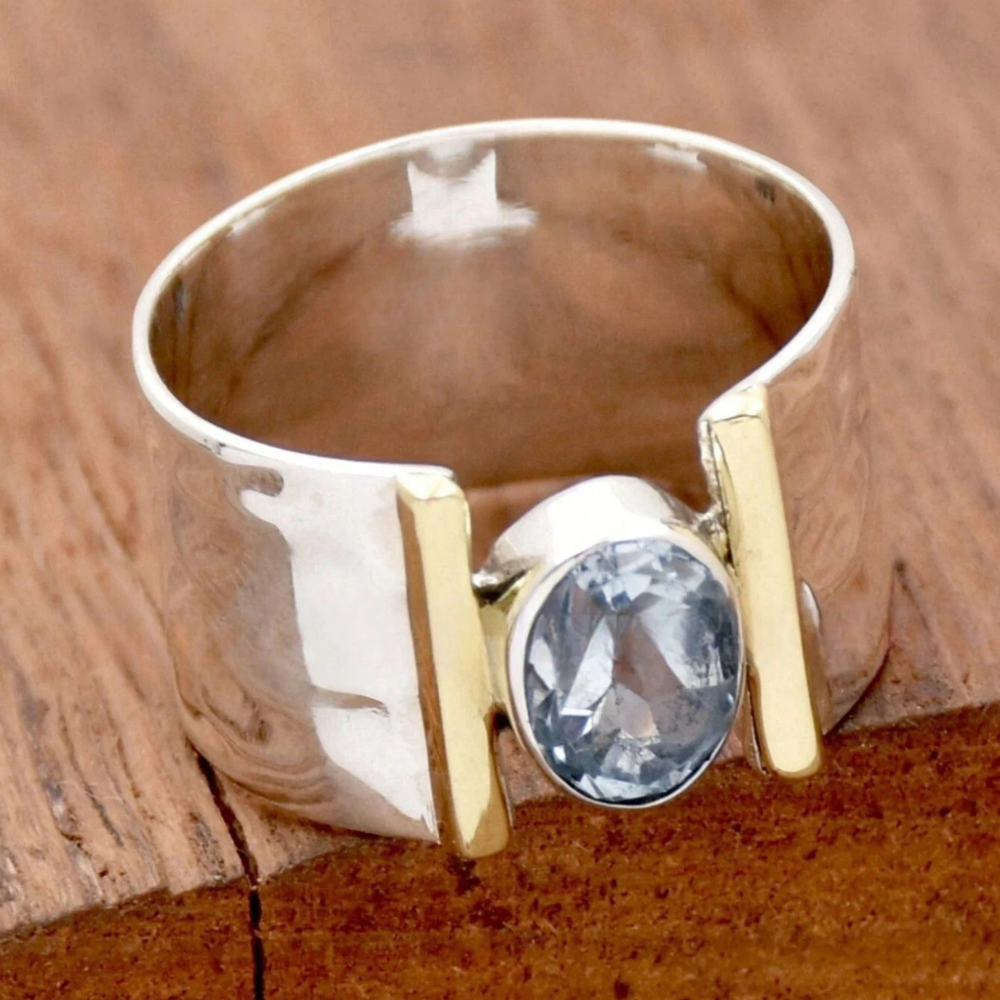 Anillo Ancho Plateado Azul Cielo