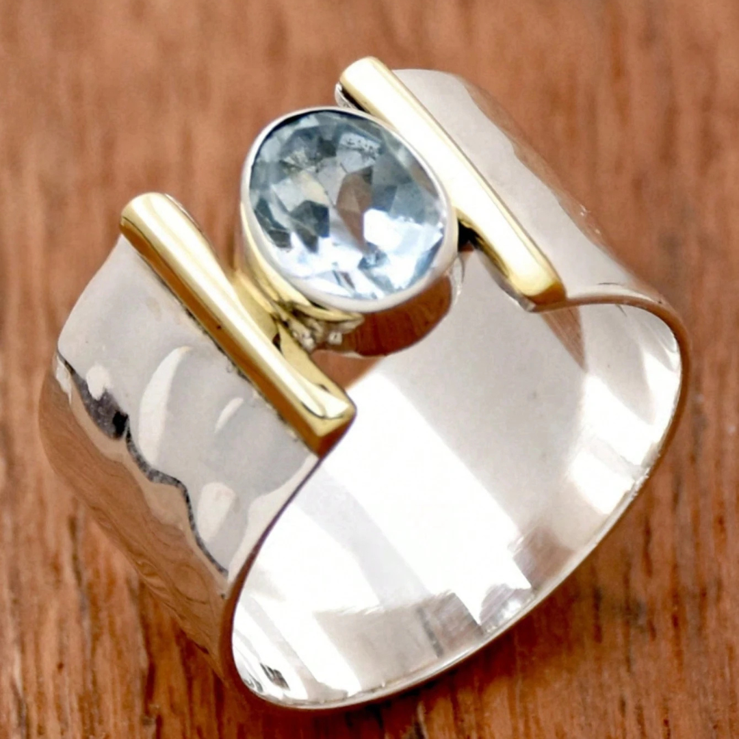 Anillo Ancho Plateado Azul Cielo