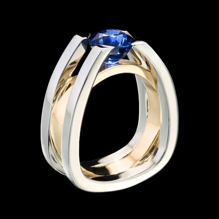 Anillo Piedra Azul Plata y Oro