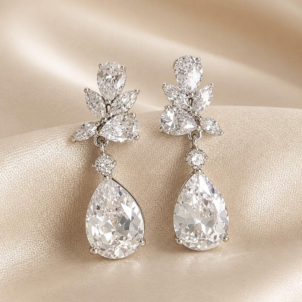 Pendientes Gota Floral Oro Blanco