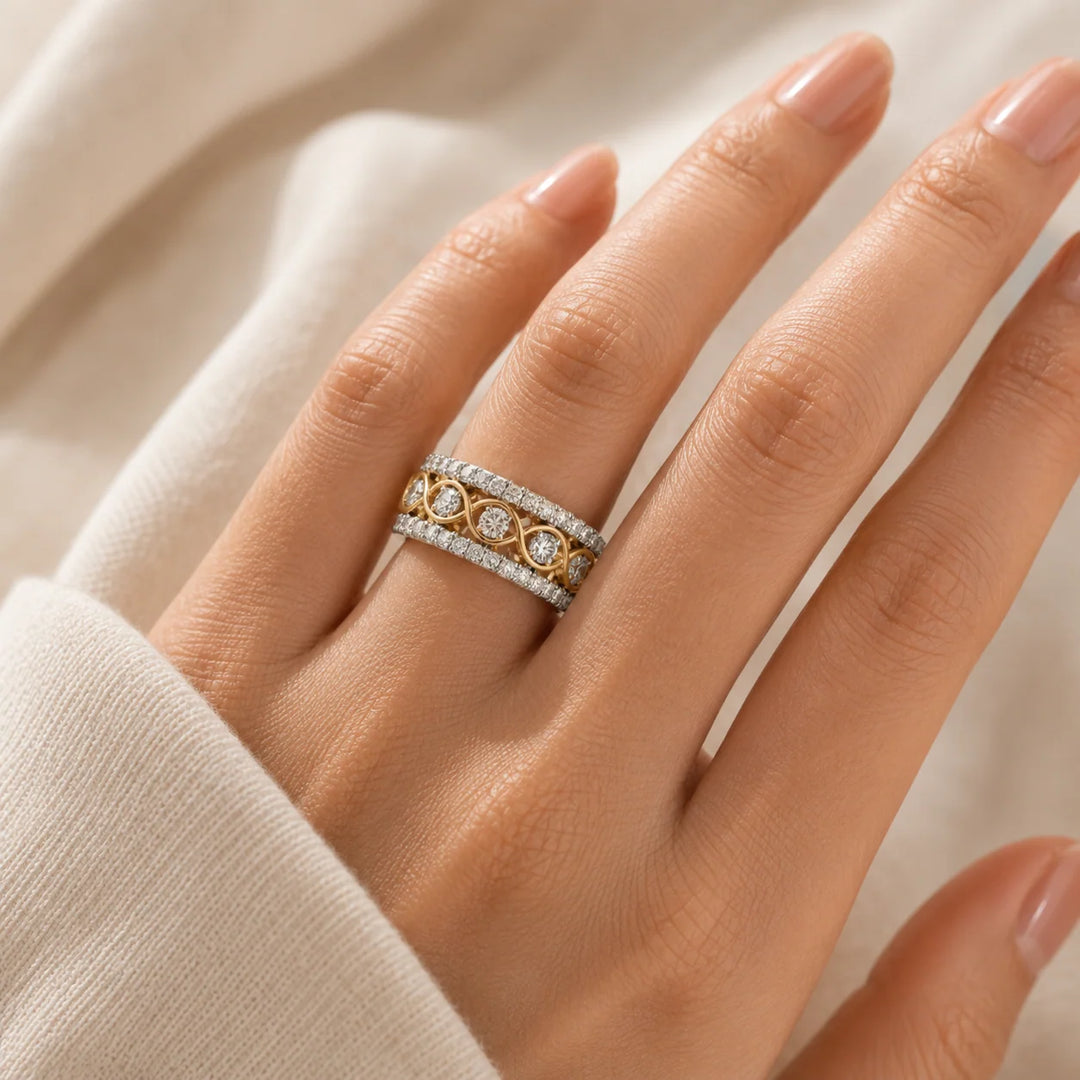 Anillo Doble Fila Circonitas Oro Blanco