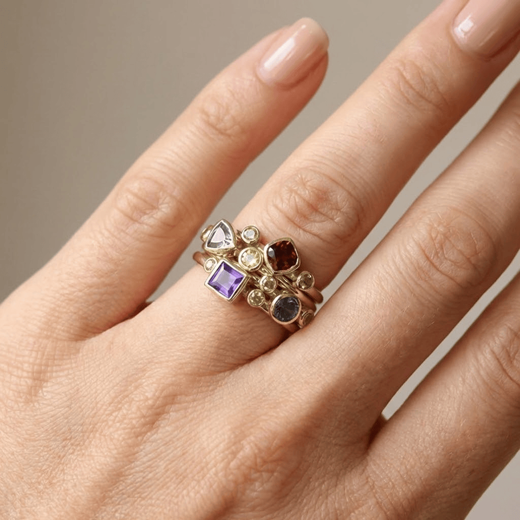 Conjunto Apilable con Piedra Colorido de Oro