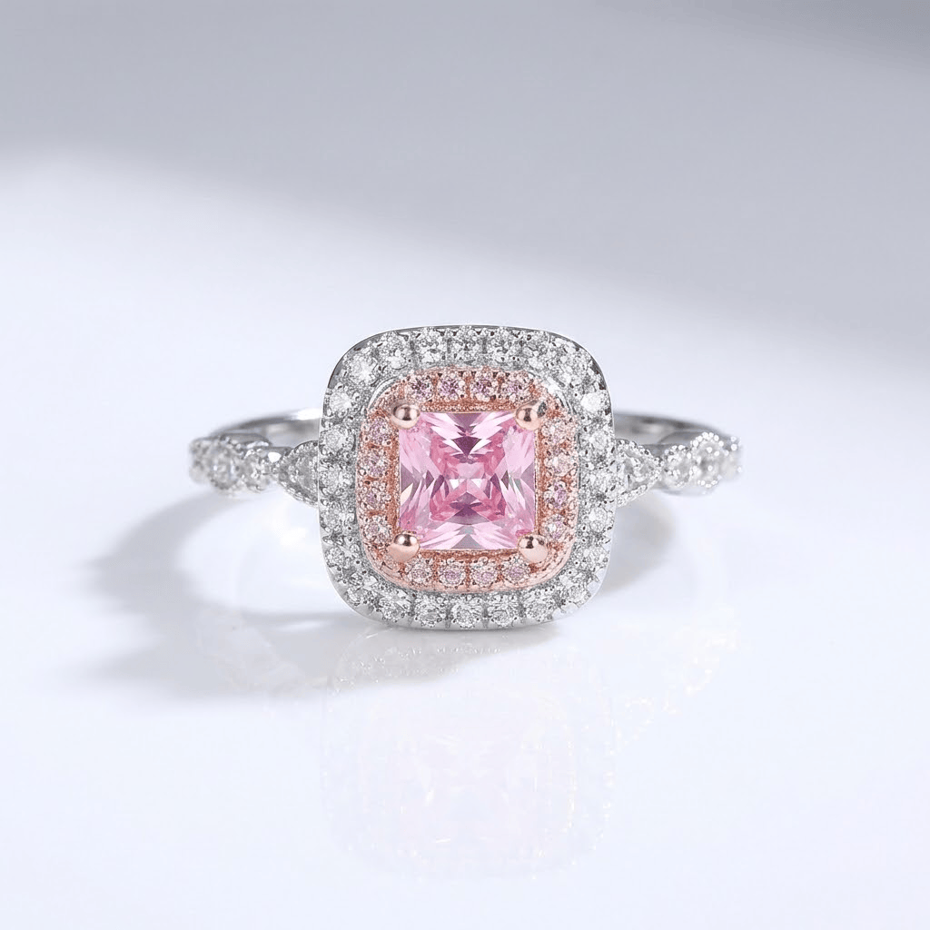 Anillo Cojín Halo con Circonita Rosa