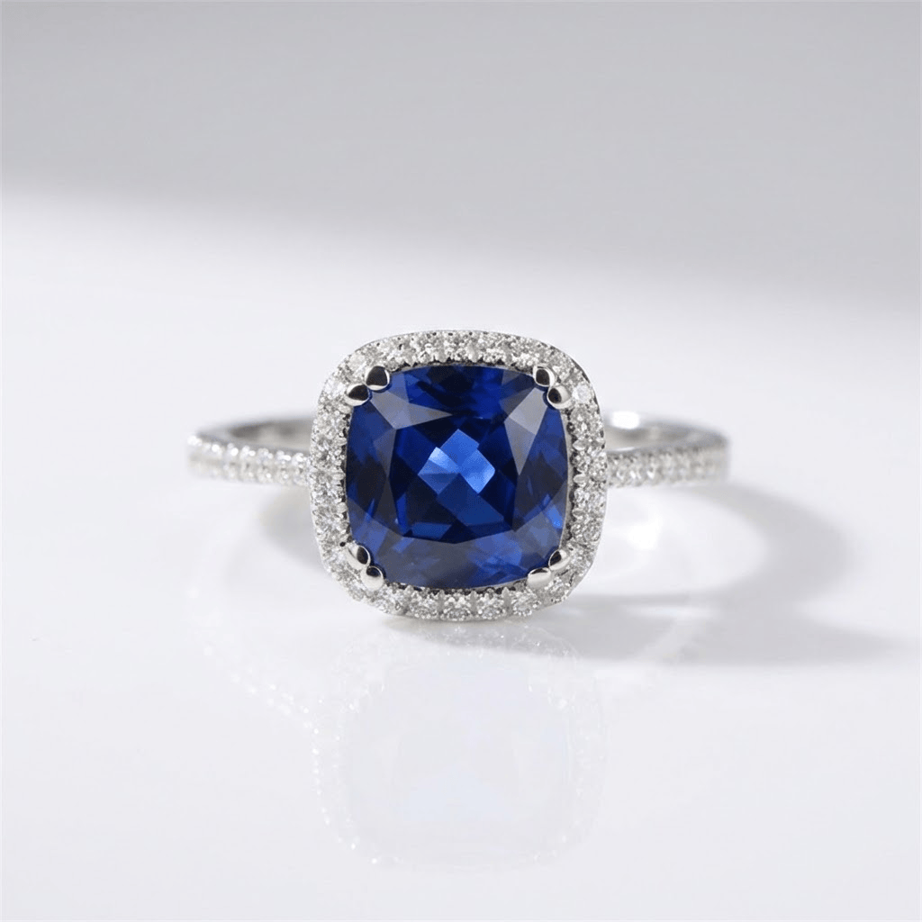 Anillo Cojín Halo con Zafiro Azul