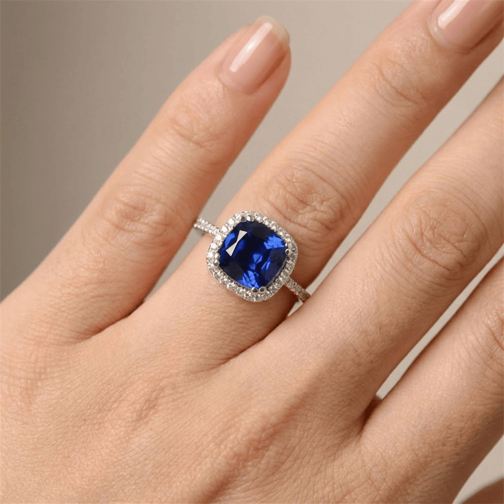 Anillo Cojín Halo con Zafiro Azul