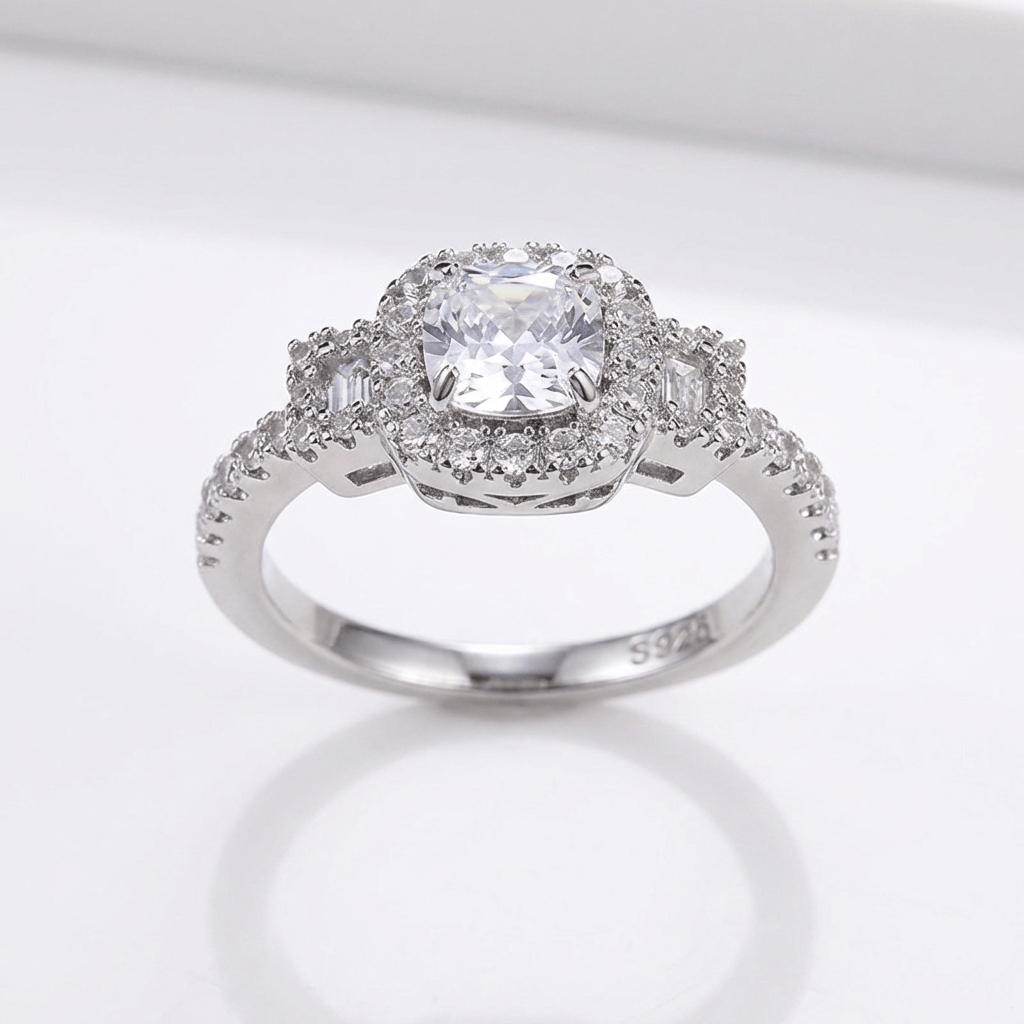 Anillo Cojín Halo con Cristal Plateado