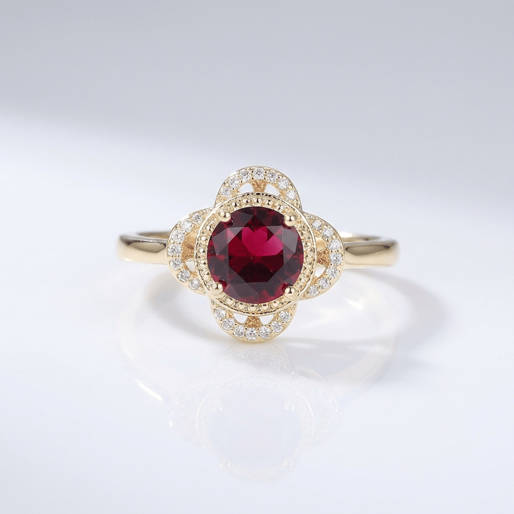 Anillo Halo con Rubí de Oro