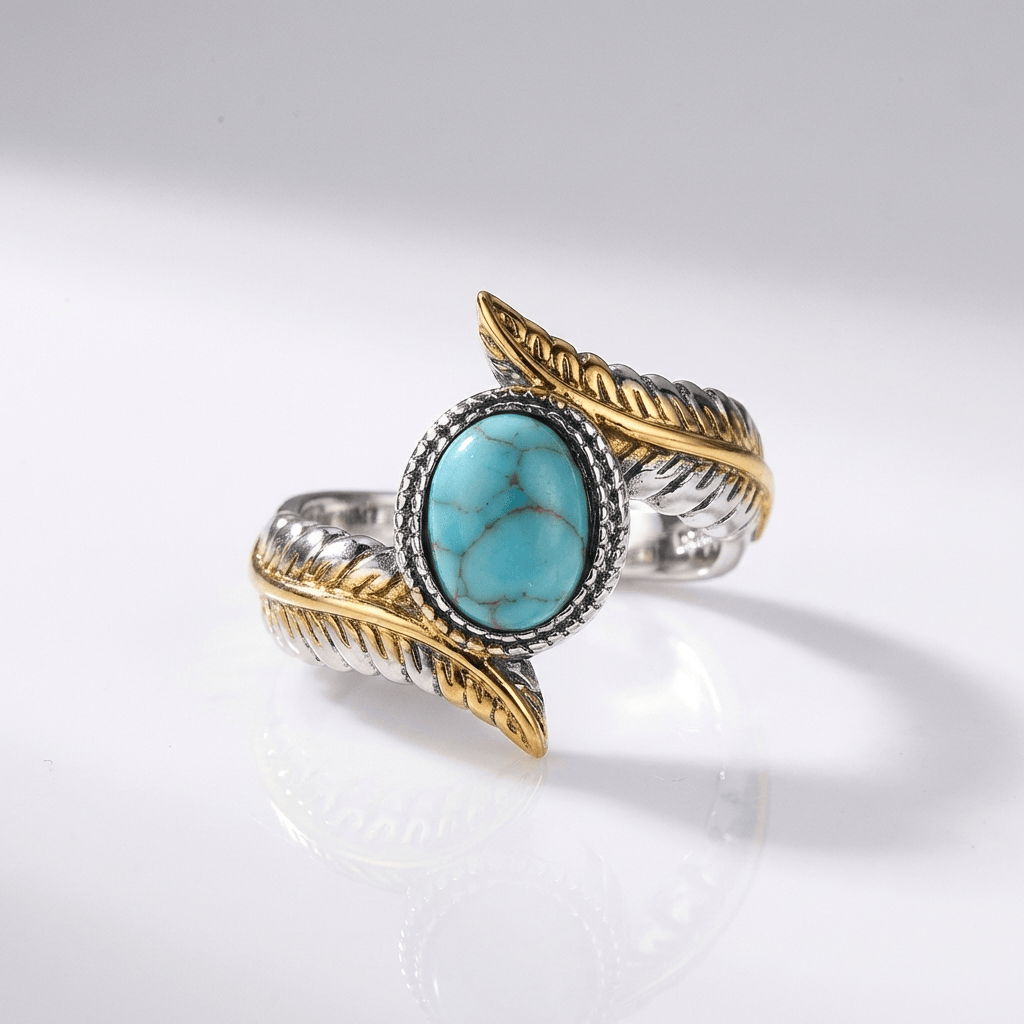 Anillo Hoja Turquesa Plata y Oro