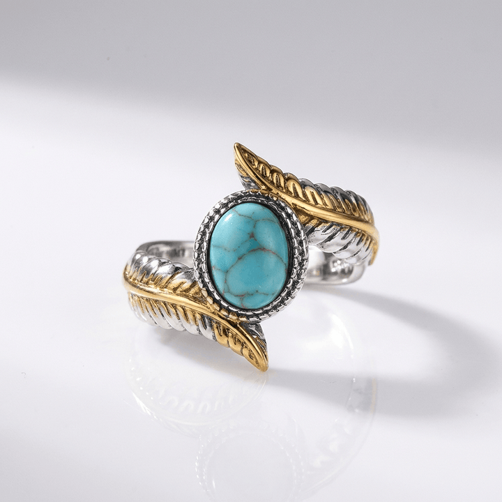 Anillo Hoja Turquesa Plata y Oro