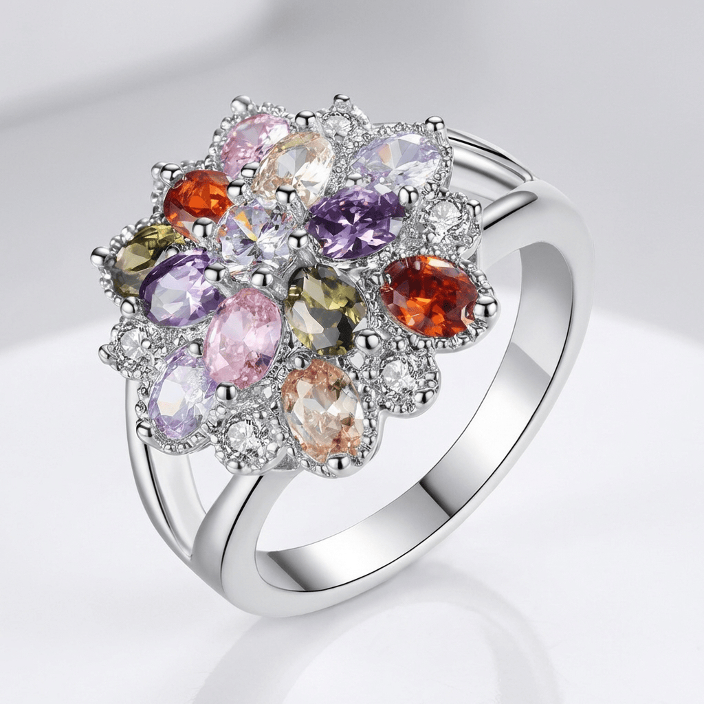 Anillo con Estallido y Piedra Arcoíris Plateado