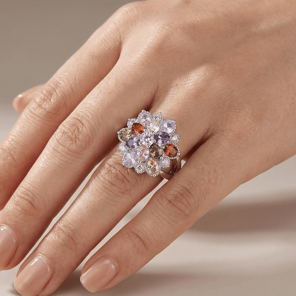Anillo con Estallido y Piedra Arcoíris Plateado