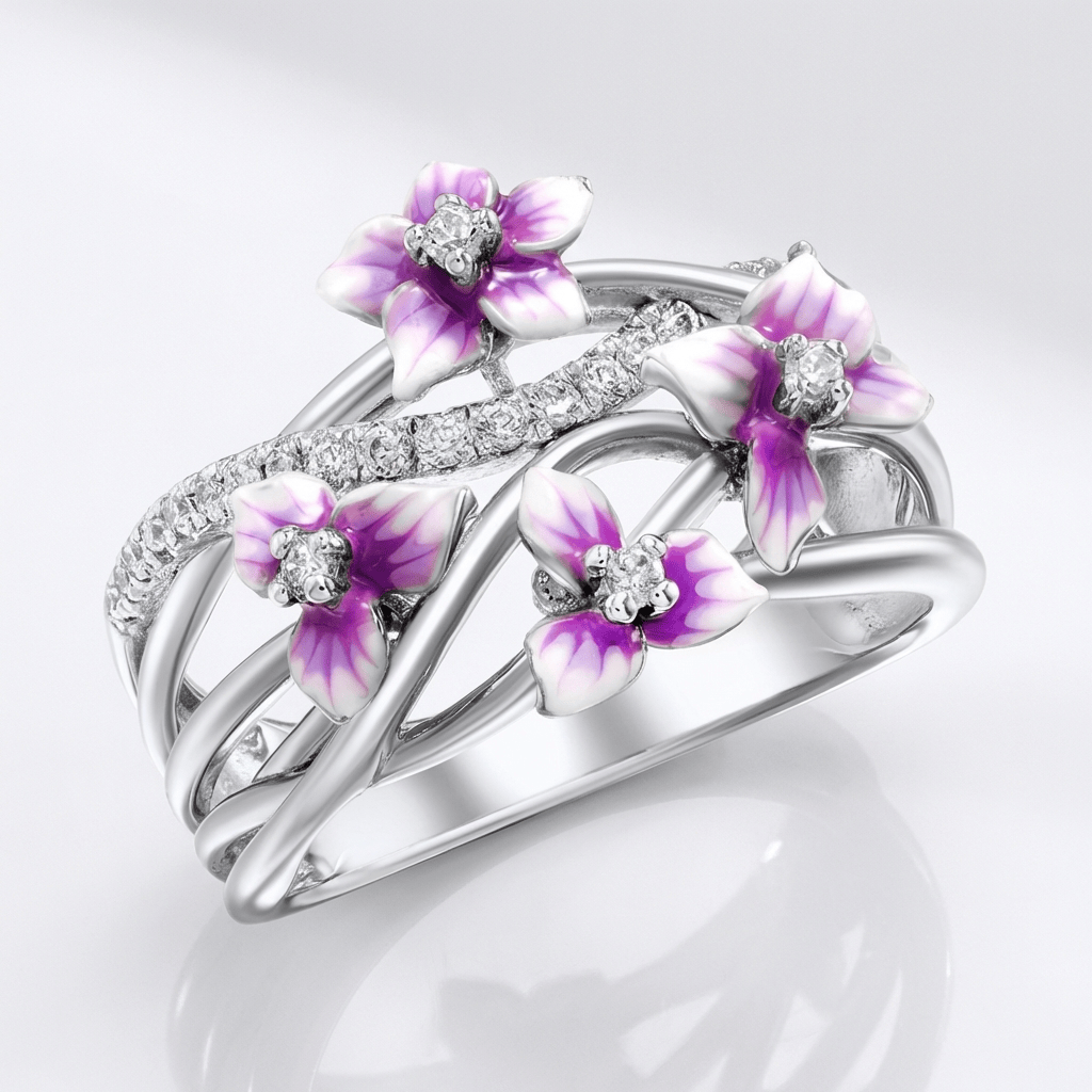 Anillo con Flor y Jardín Morado Plateado