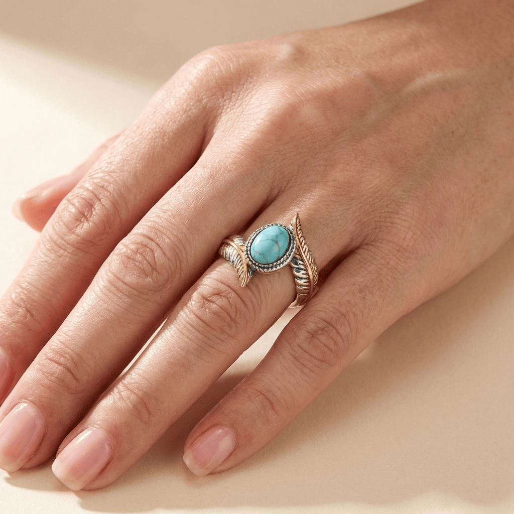 Anillo Hoja Turquesa Plata y Oro