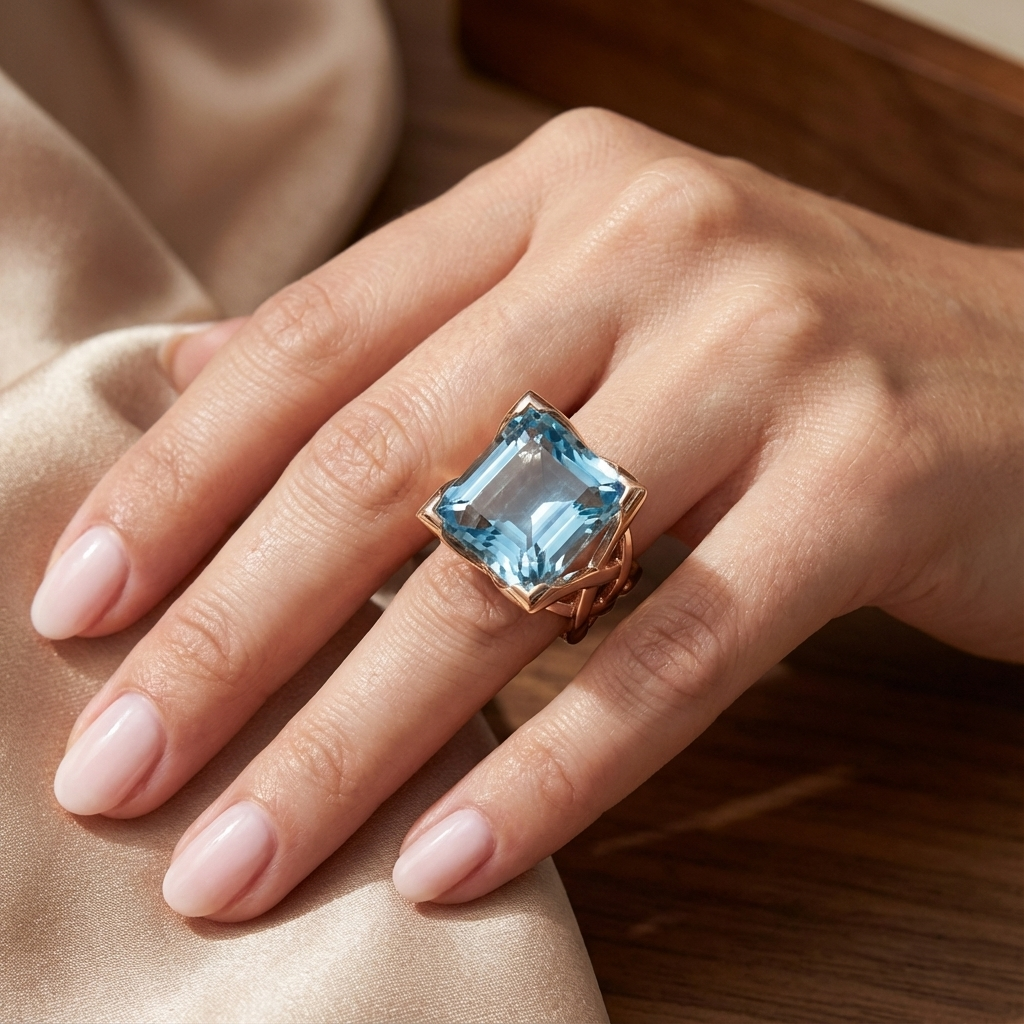 Anillo Oro Rosa con Circonita Azul