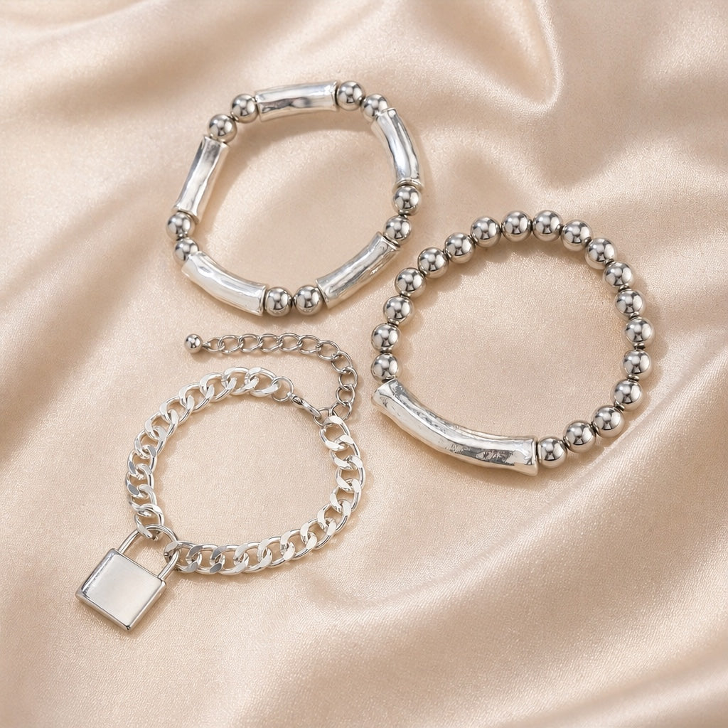 Conjunto Pulseras Cuentas Candado Oro Blanco