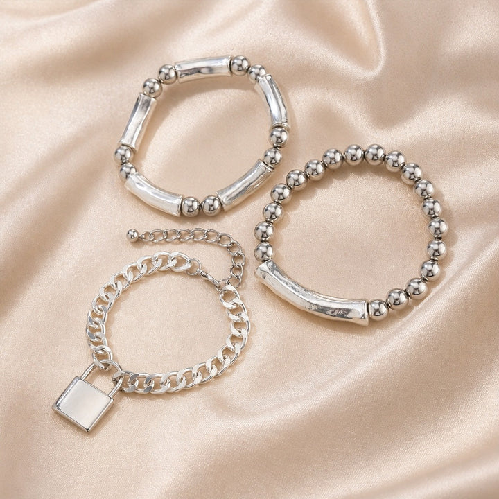 Conjunto Pulseras Cuentas Candado Oro Blanco