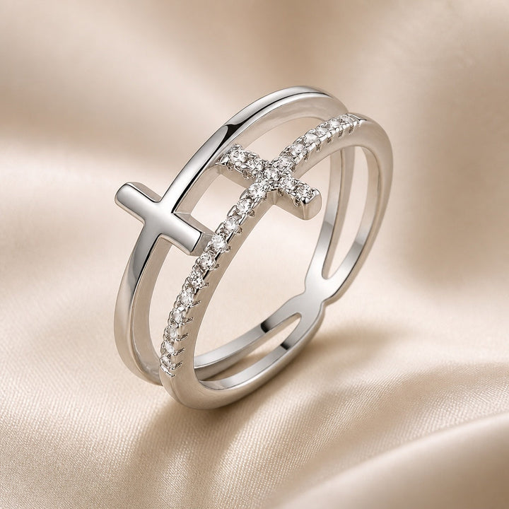 Anillo Doble Cruz Circonitas Oro Blanco
