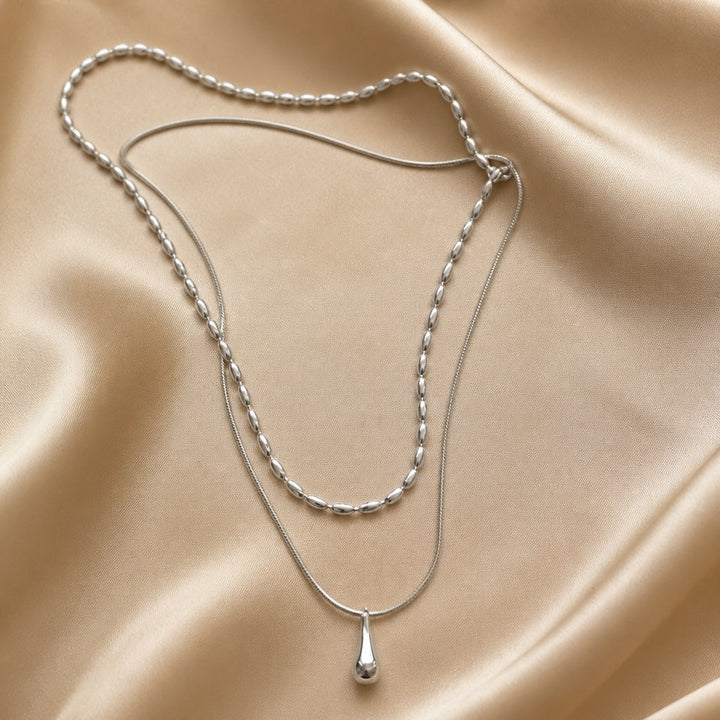 Collar Doble Capa Colgante Gota Oro Blanco