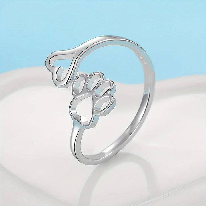 Anillo corazón con huella de perro, plata