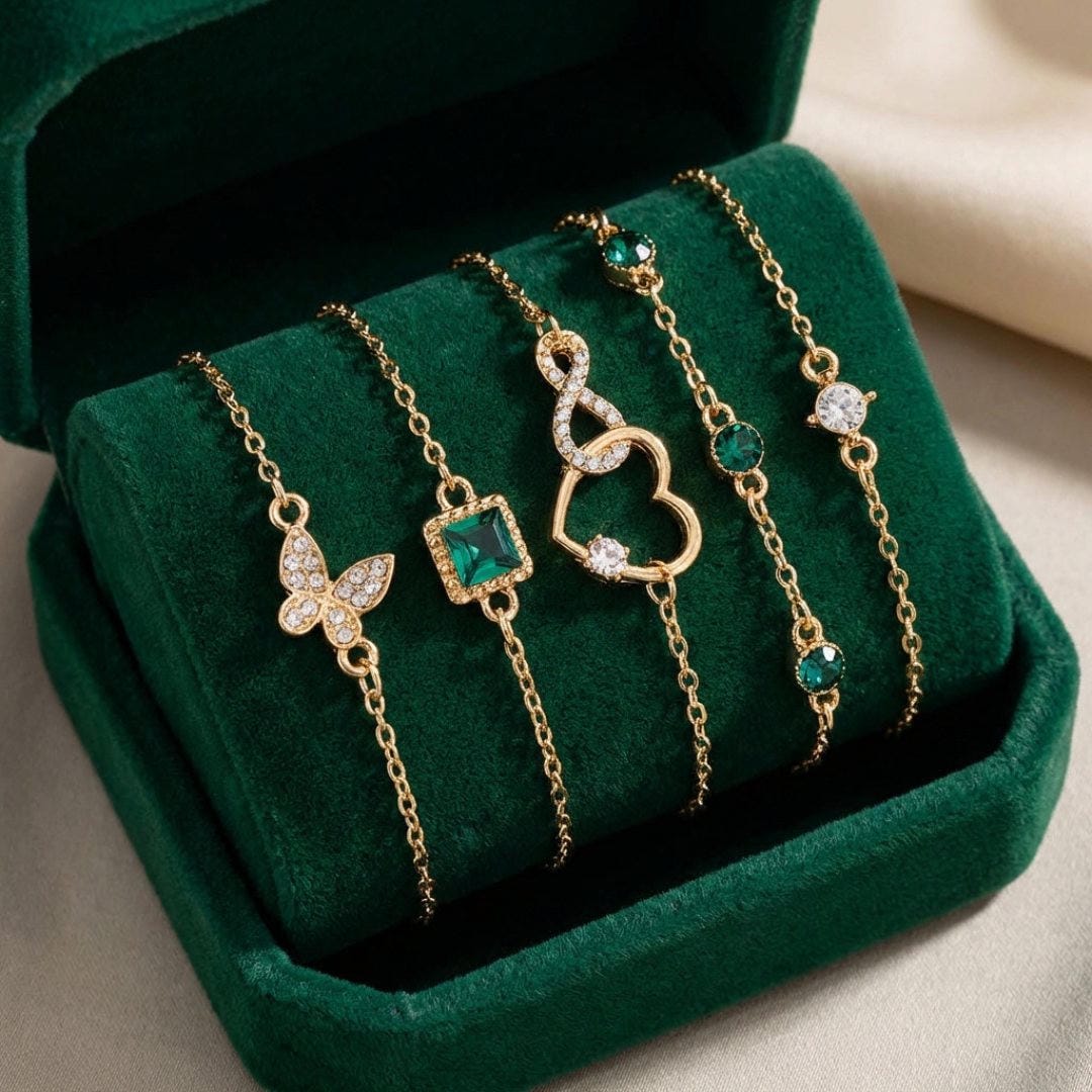 Set de Pulseras Corazón Calado Cristal Verde