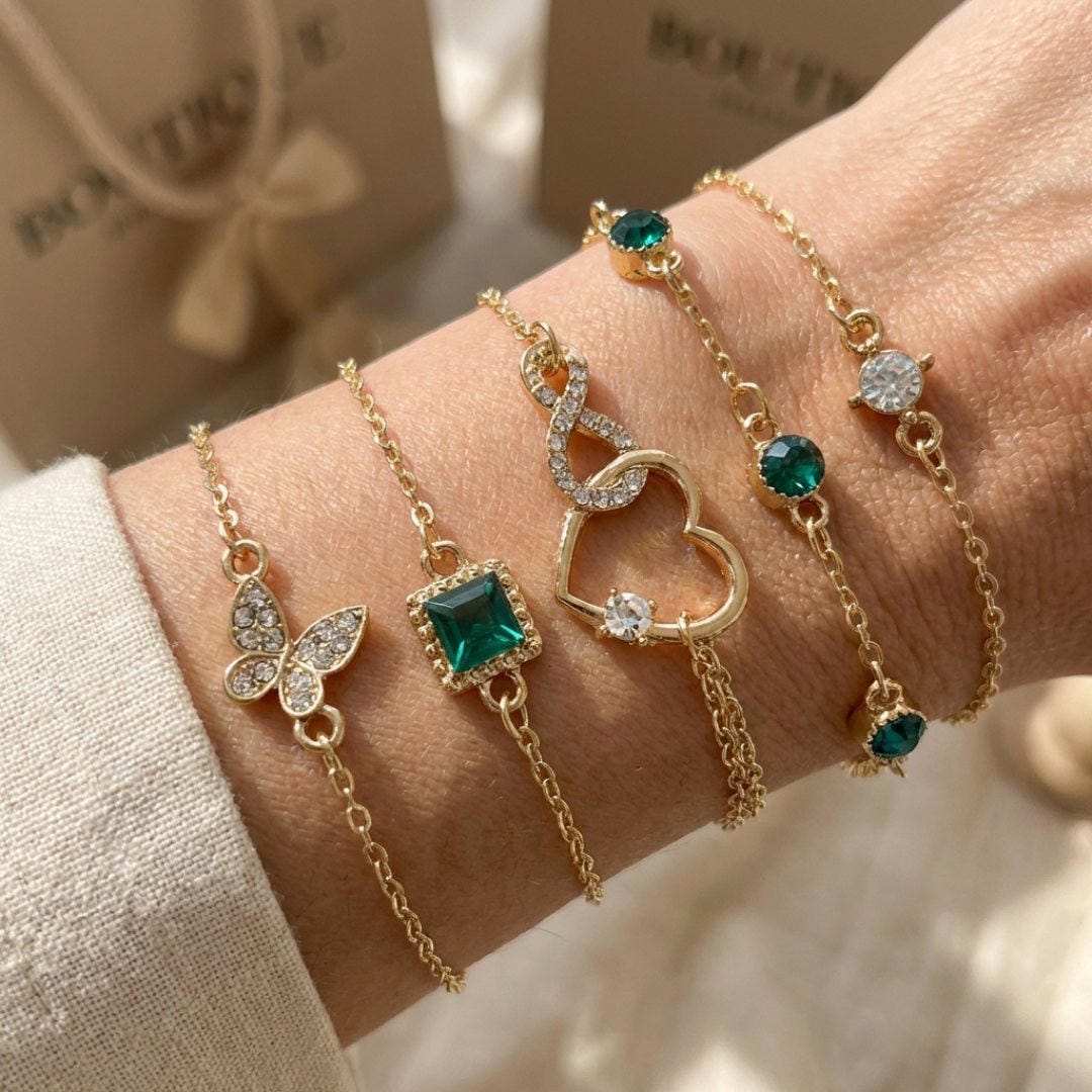 Set de Pulseras Corazón Calado Cristal Verde