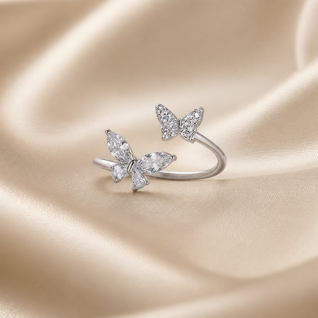 Anillo Doble Mariposa Circonitas Oro Blanco