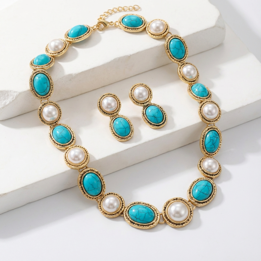 Conjunto Turquesa y Perlas Antiguo