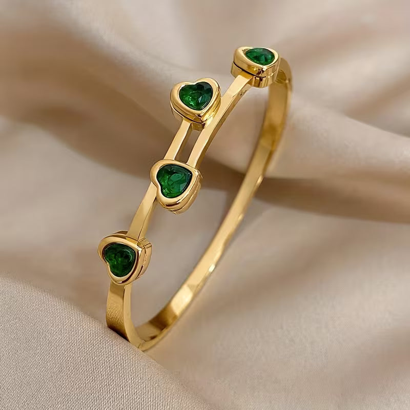 Pulsera Corazones Verdes Oro