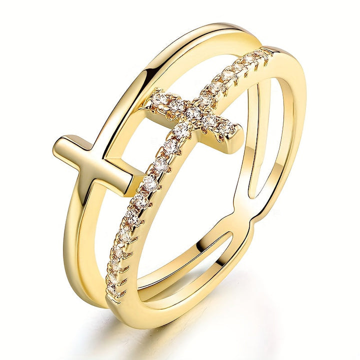 Anillo Doble Cruz Circonitas Oro Blanco