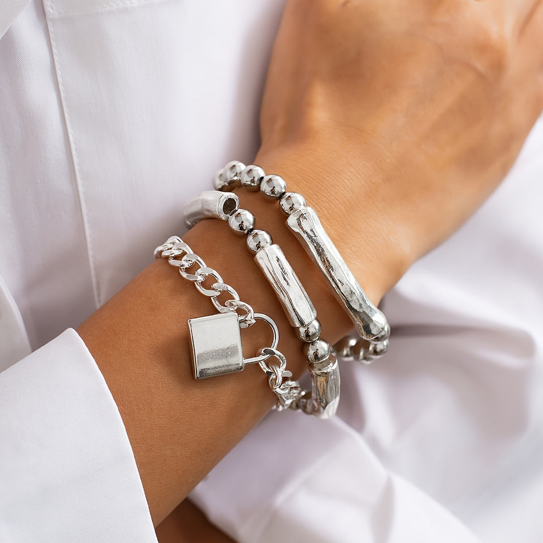 Conjunto Pulseras Cuentas Candado Oro Blanco