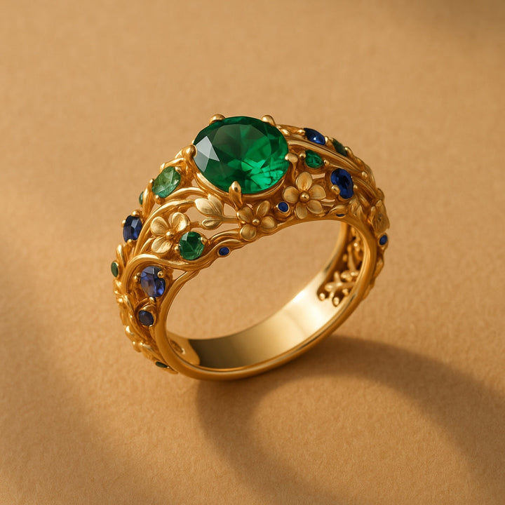 Anillo Cristal Verde y Azul de Oro