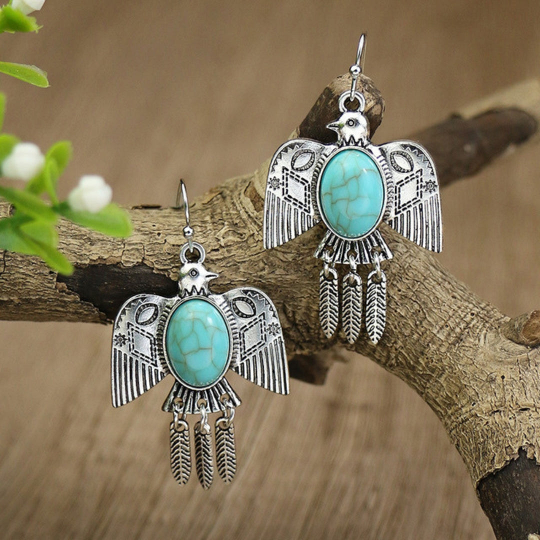 Pendientes Boho con Pájaro y Ópalo Plateados