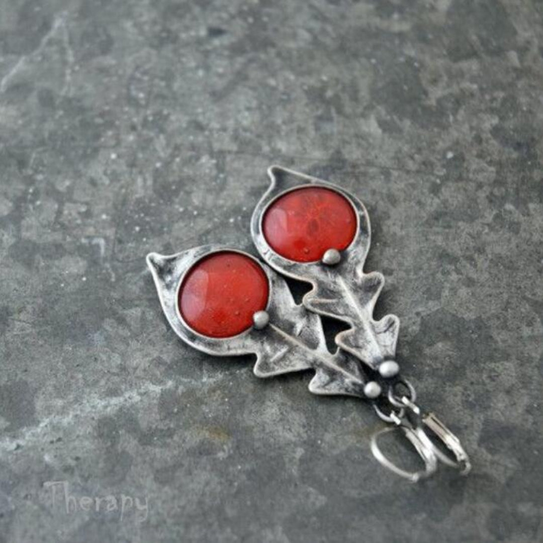 Pendientes Vintage con Hoja y Piedra Rojo