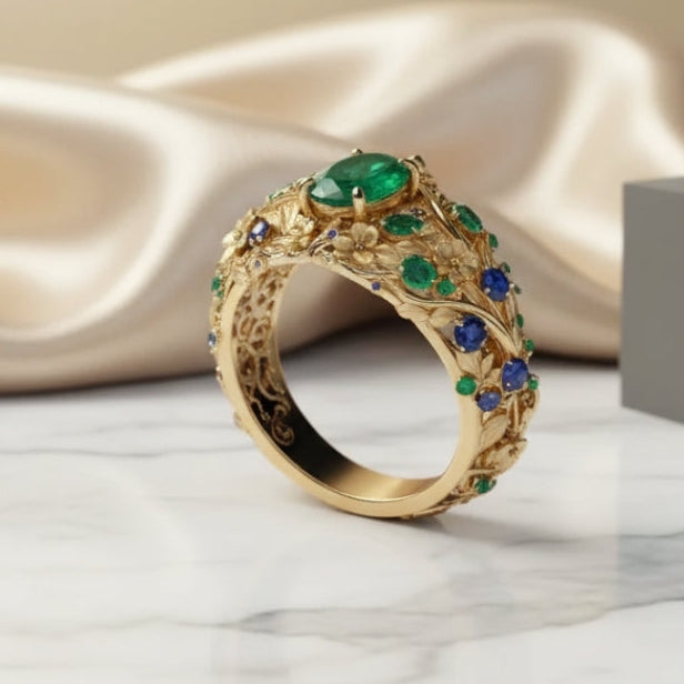 Anillo Cristal Verde y Azul de Oro