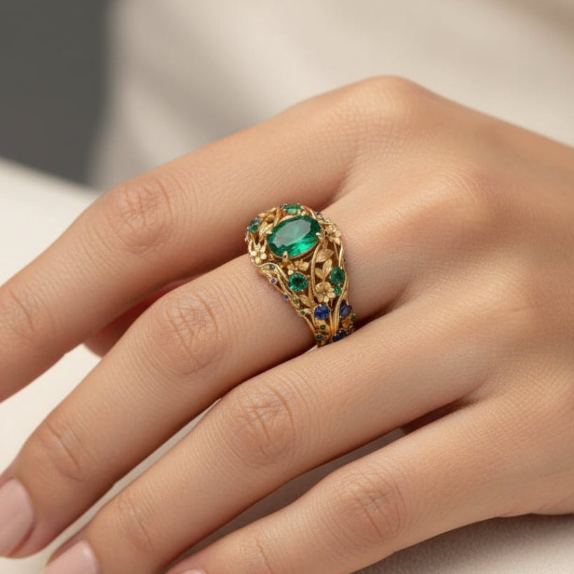 Anillo Cristal Verde y Azul de Oro