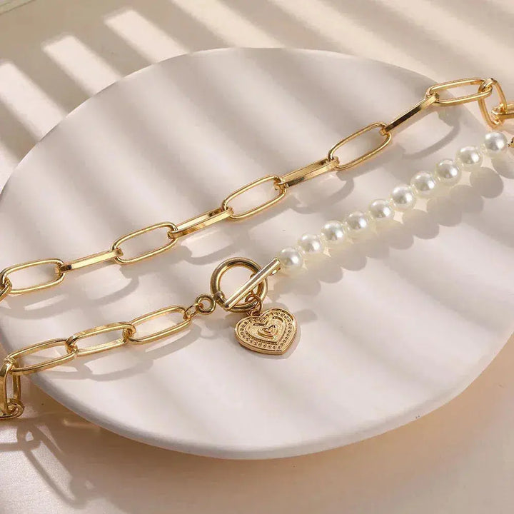 Collar Corazón Cruzado y Perlas