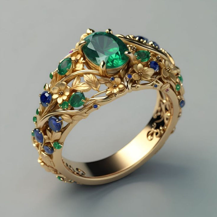 Anillo Cristal Verde y Azul de Oro