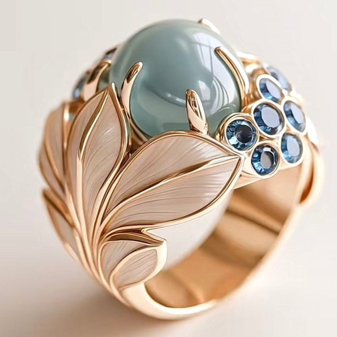 Anillo Hojas Doradas Verde
