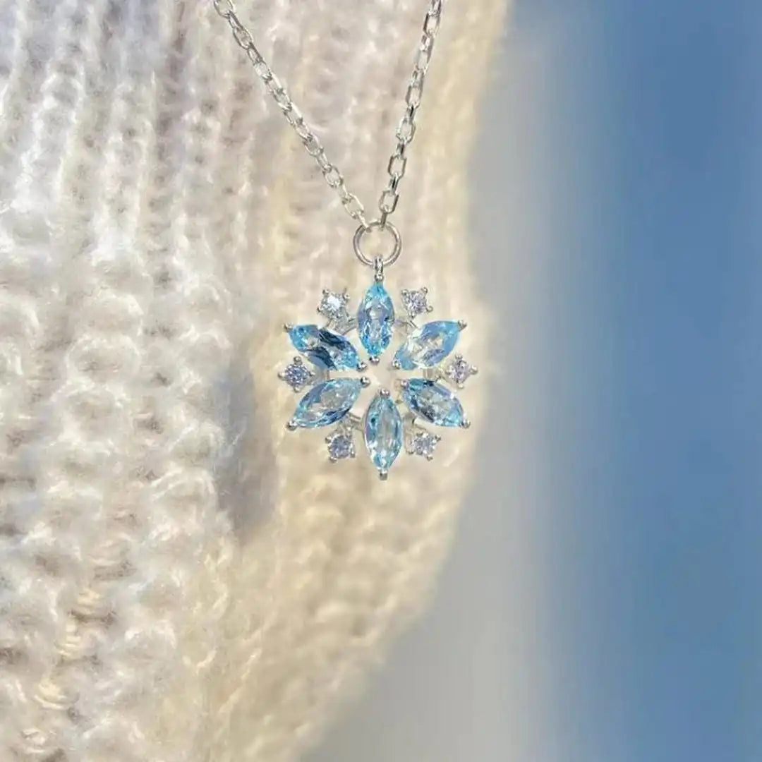 Collar Colgante Flor Copo de Nieve Azul Oro Blanco