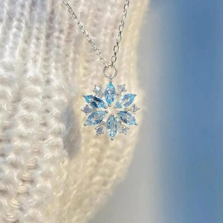 Collar Colgante Flor Copo de Nieve Azul Oro Blanco