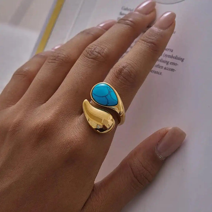 Anillo Gota Turquesa de Oro Ajustable