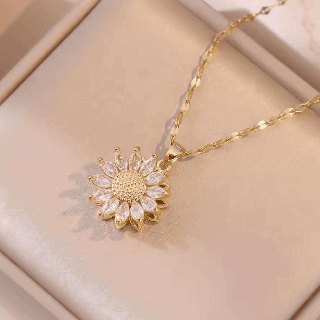 Set de Collar y Pendientes Girasol Plateado con Circonitas