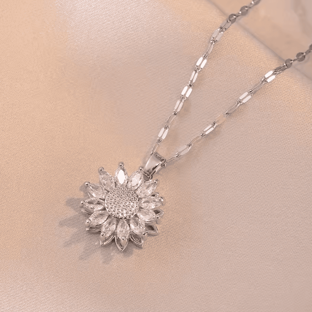 Set de Collar y Pendientes Girasol Plateado con Circonitas