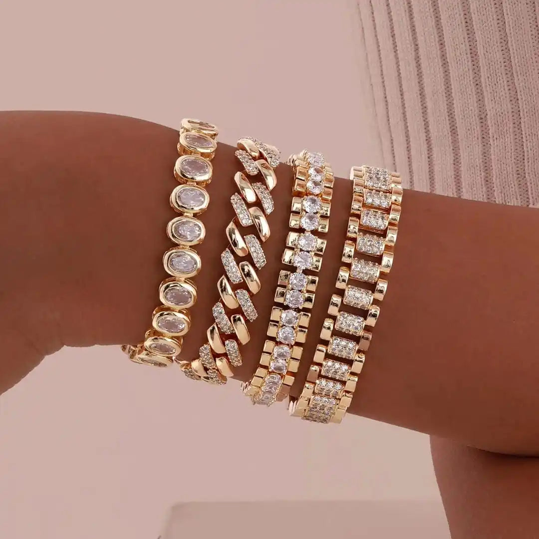 Set de Pulseras Ajustables Doradas Gruesas con Circonitas