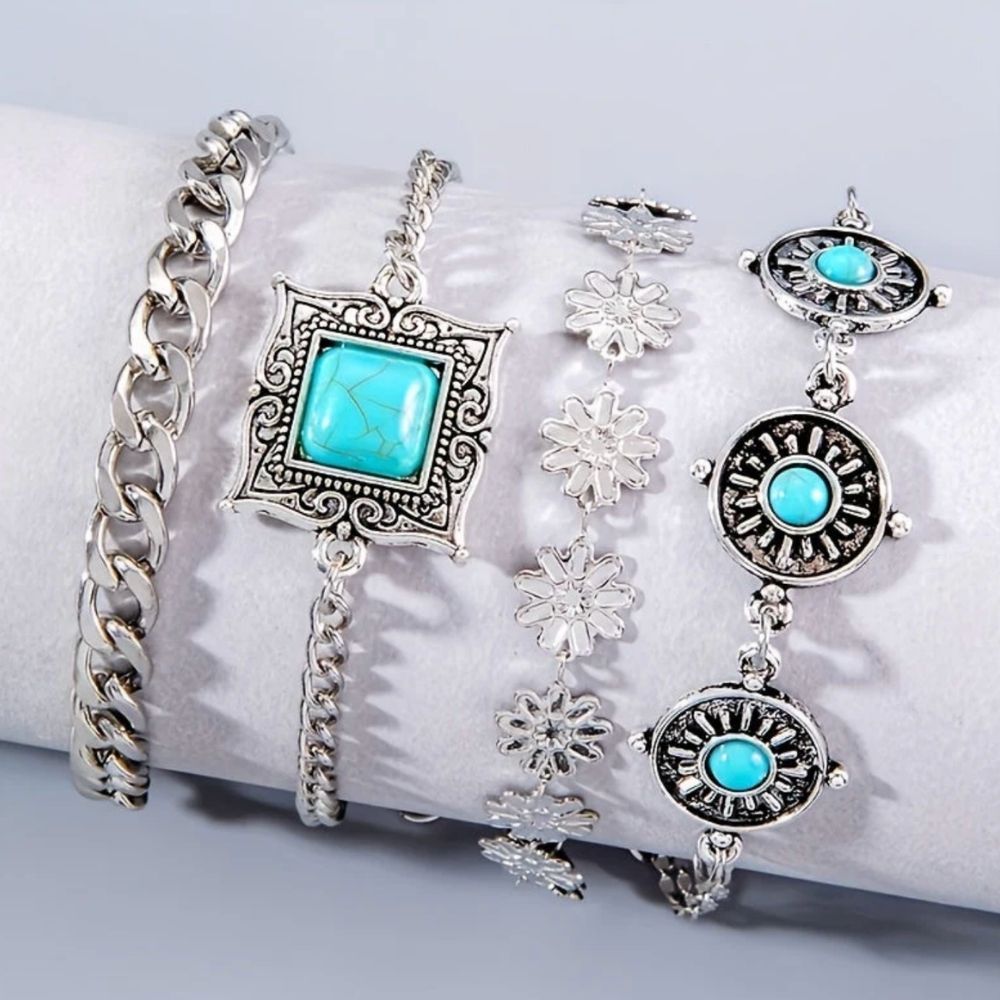 Conjunto de Pulseras Doradas en Capas con Turquesa
