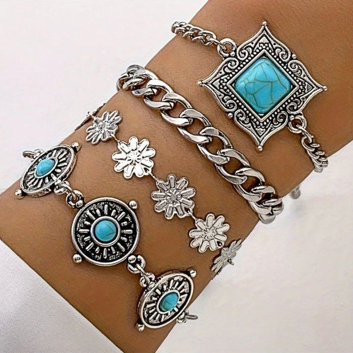Conjunto de Pulseras Doradas en Capas con Turquesa