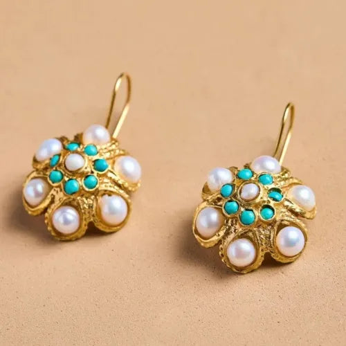 Pendientes Medallón Turquesa y Perlas