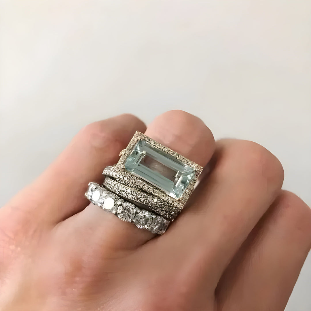 Conjunto de 3 Anillos Art Déco en Aguamarina